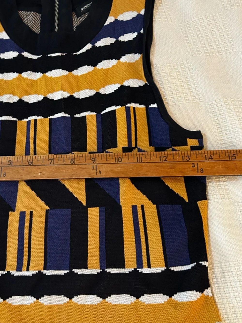 Jealous, tomato Sleeveless Geometric Knit Dress in Navy and Mustard size small - Picture 4 of 6